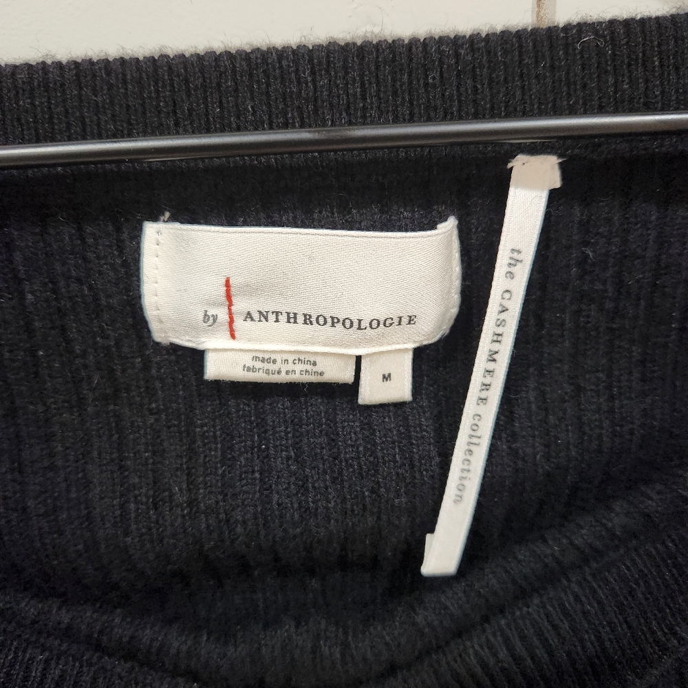 Wide Neck Ribbed Black Cashmere Crop Sweater, Size M, Anthropologie - Picture 4 of 8